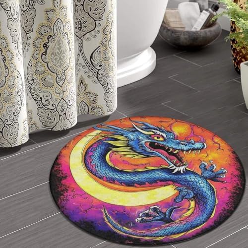 Room Sofa Yoga Soft Round Carpet, Home Decor Non Slip Kitchen Office Circle Rug, Machine Washable Modern Round Area Rug Mystery Dragon Trippy Art, 60inch