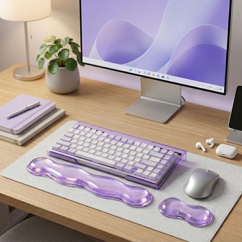Computer Keyboard Stand Pad with Gel Wrist Rest Keyboard Pad Support with Comfortable Wrist Pad Easy Typing Ergonomic Tilted Acrylic Transparent Keyboard Riser Holder for Desktop Office Home Purple