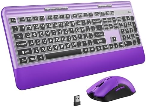 KOPJIPPOM Silent Wireless Keyboard and Mouse Combo - Keyboard with Large Print Cover, 2.4GHz Full-Sized Ergonomic Keyboard with Wrist Rest and Mouse for Laptop, PC, Notebook, Desktop