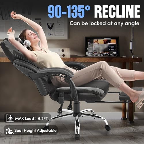Massage Office Chair, Big and Tall Office Chair with Footrest, Ergonomic Executive Desk Chair with Extra Wide Seat, High Back&Padded Armrests, Reclining Fabric Computer Chairs, BlackGrey
