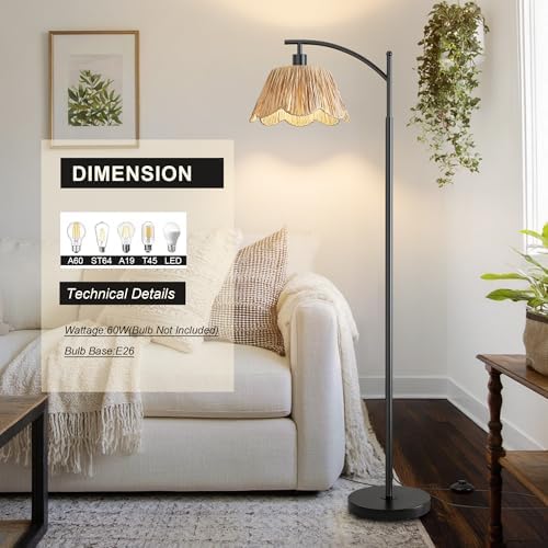 Oneach Arc Floor Lamp for Living Room,Rattan Boho Floor Lamp with Hand-Woven Shade, Foot Switch,Black Metal Base & Pole,Farmhouse Standing Lamp for Bedroom Corner,Reading