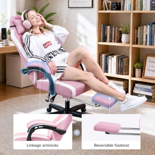 GTPLAYER Gaming Chair Fabric with Pocket Spring Cushion, Big and Tall Gamings Chairs 350LBS High Back Computer Chair with Footrest for Adults Lumbar Support Swivel Game Chair for Office Pink