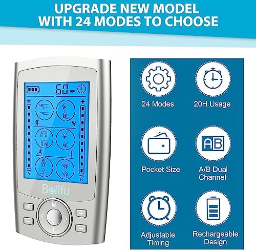Belifu Dual Channel TENS EMS Unit 24 Modes Muscle Stimulator for Pain Relief Therapy, Electronic Pulse Massager Muscle Massager with 10 Pads, Dust-Proof Drawstring Storage Bag, Fastening Cable Ties