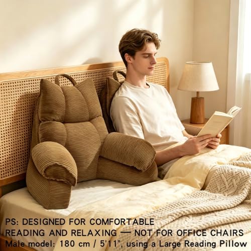 Reading Pillow for Bed with Arms, Back Support, Memory Foam（Brown，Large）