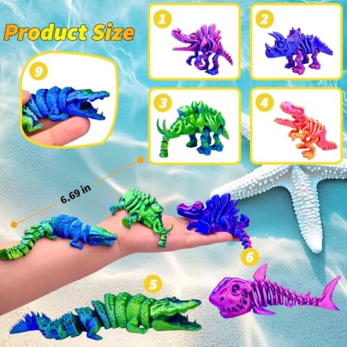 6pcs 3D Printed Dinosaur Skeletons,Snake Flexible，Articulated T-Rex Fidget Toys,Large,3D Printed Animals,Desk Toy，Easter Eggs Basket Stuffers,Toys for Boys Kids Teen Girl 4-6 8-12