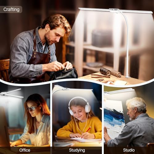Syrinx LED Desk Lamp, Dual Head Desk Light with Clamp, Eye-Care Table Lamp