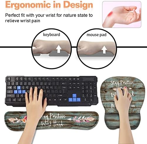 Mouse Pad Wrist Support and Keyboard Wrist Rest Set with Coasters, Inspirational Quote Stay Positive Work Hard and Make It Happen Non-Slip PU Base Ergonomic Mousepad for Home Office Working Studying