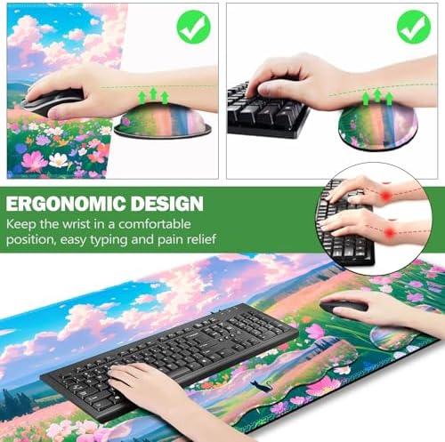 ARTSO Keyboard Wrist Rest Large Mouse Pad Wrist Support, 4 in 1 Memory Foam Keyboard Pad Desk Mat Set, Ergonomic Wrist Rest Cushion for Home Office Gaming-Cat and Flower Sea