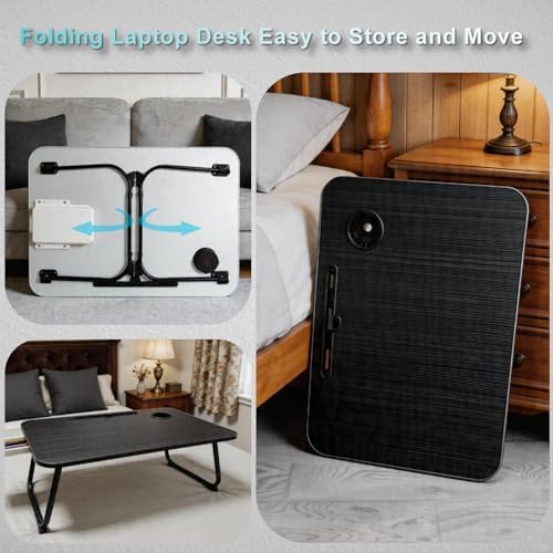 27.6" Home Office Folding Lap Desk with Drawer, Tablet Slot, Cup Holder - Fits up to 18 Inch Laptops, Bed Desk for Reading, Writing, Eating, Portable Laptop Table for Sofa, Coach, Floor (Black)