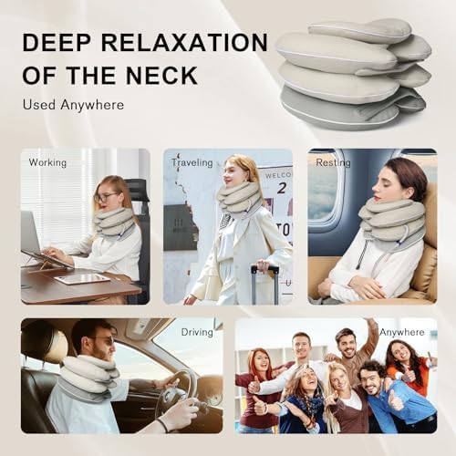 Neck Stretcher with Brace - Inflatable Cervical Traction Device for Neck Pain Relief, Adjustable Neck Support Pillow and Decompression Tool with 3+1 Chin Rest, Portable for Home, Office & Travel Use