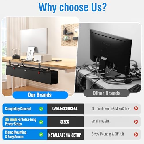 No Drill Under Desk Cable Management Tray, 48" Cord Management Tray with Cable Loop, Upgraded Oxford Fabric Wire Management for Standing Desk - No Damage to Table
