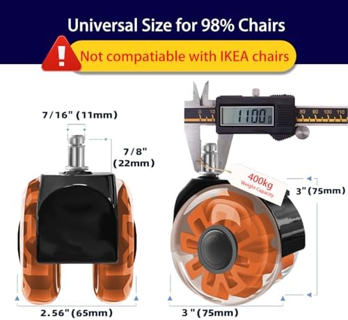 Hirate 3 inch Office Furniture Casters 7/16 inch Stem Dual Rubber Wheel