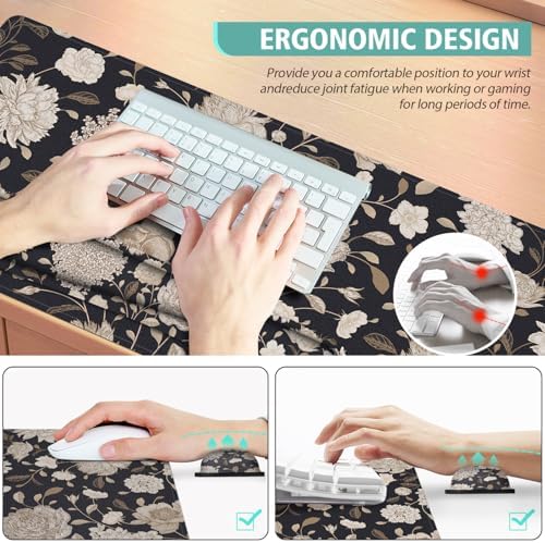 Floral Large Mouse Pad with Wrist Support Set of 4,Large Gaming Mouse Pad+Keyboard Rest+Mouse Wrist Rest+Coaster,Ergonomic Mouse mat,Anti-Slip,Memory Foam Desk Mat for Home Office Gaming (Rose)