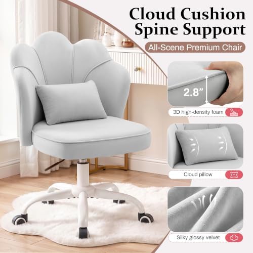Vanity Chair with Wheels, Swivel Velvet Makeup Desk Chair, Grey