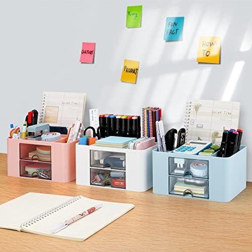 Desk Organizer with 2 Drawer, Plastic Desktop Pen Pencil Card Holder Storage Box for Desk, Office Supplies, Vanity Table Office School Home (Blue)