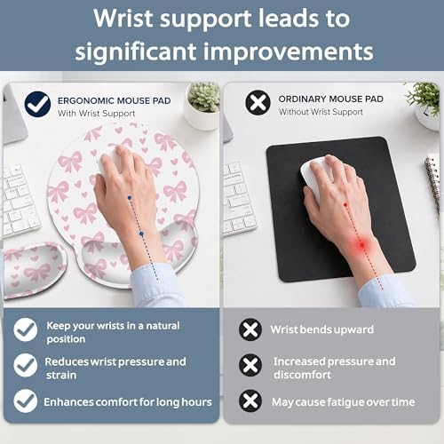 Cute Bow Wrist Rest Mouse Pad and Keyboard Support Set,Pink Heart 3 in 1 Ergonomic Memory Foam Mousepad with Non Slip Base, Gaming Mouse Pad for Office and Home