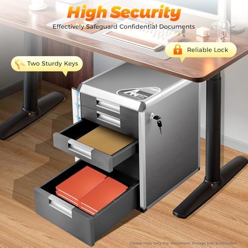 Desk Organizer with 5 Drawers, Metal Desktop Storage Cabinet File Holder with Locks and Keys, Filing Case Literature Organizer for Office Home, L12.4*D13.8*H16in, Silver & Grey