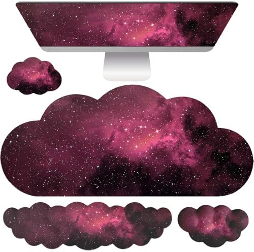 Cloud Mouse Pad Keyboard Wrist Rest for Mouse 4PCS Extended Galaxy Large Desk Mat Pad Set Memory Foam Non-Slip Cute Ergonomic Gaming Space Mouse Wrist Support for Computer Home Office Pink Black