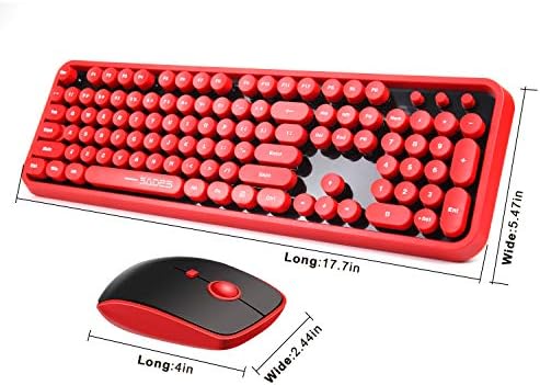 Red Color Keyboard and Mouse Wireless,Retro Typewriter Style Round Keys