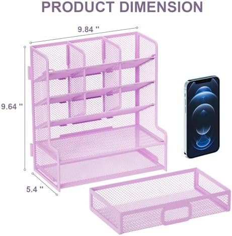 Marbrasse Larger Mesh Desk Organizer with Drawer, Multi-Functional Pen Pencil Holder, Easy Assembly, Desk Organizers and Accessories for Office Art Supplies (Purple)