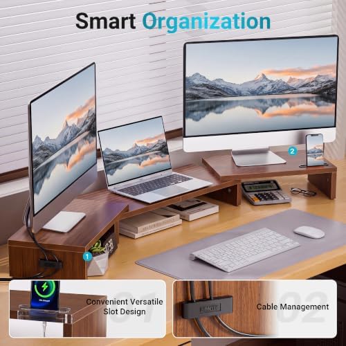 BONTEC Triple Monitor Stand Riser with Smartphone Holder, Walnut