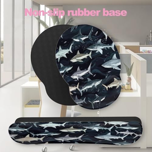 Cute Shark Keyboard Wrist Rest Pad Mouse Pad Set,Ergonomic Mousepad Wrist Support Memory Foam Desk Pad for Gaming Office,Non-Slip Rubber Base Easy Typing for Home Office Computers