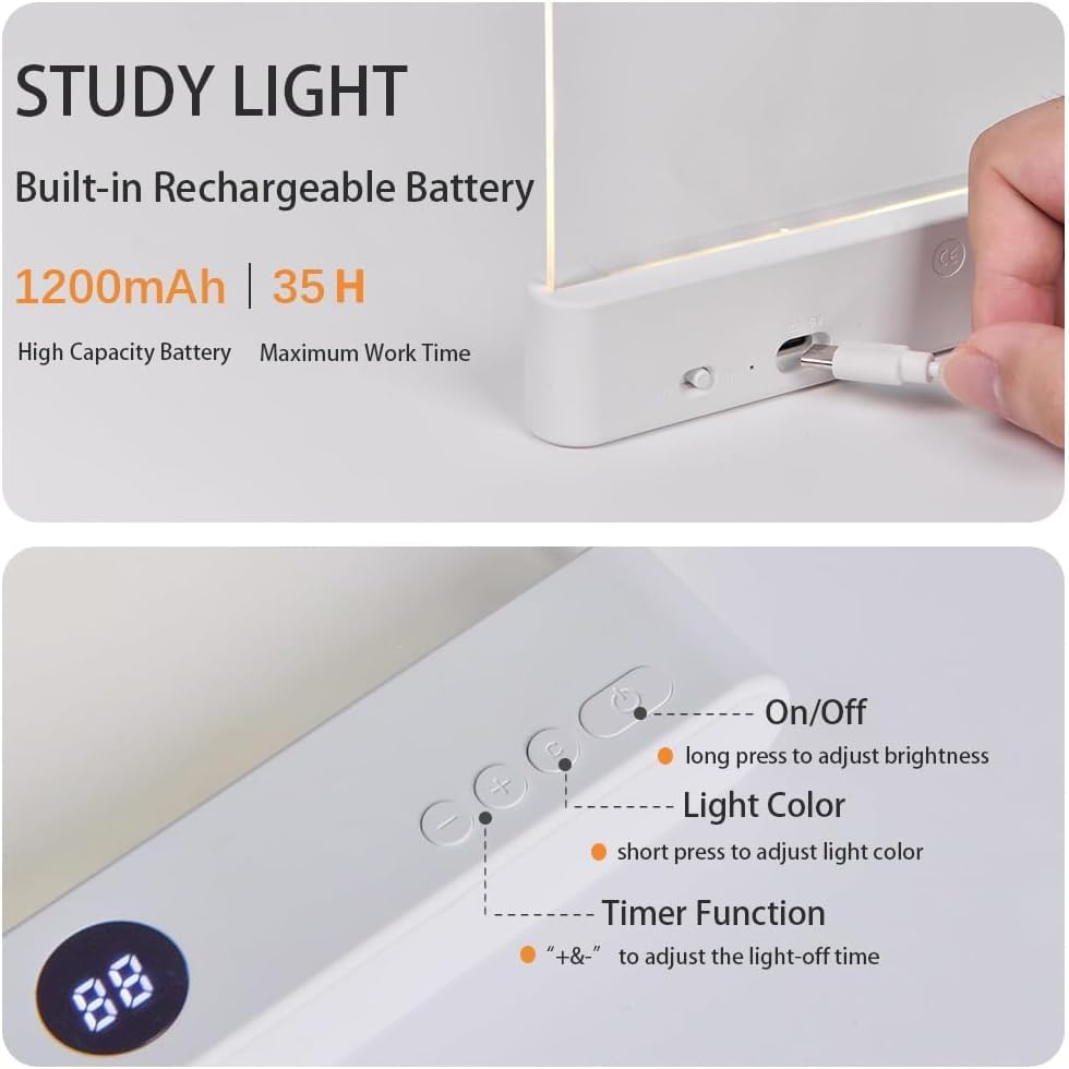 Book Light, 3 Color Adjustable LED Flat Reading Light, Rechargeable Clear Panel Plate Lamp with Timer & Memory Function, Bedside Lamp Book Lovers Gifts for Boys and Girls Women Man (Pink)