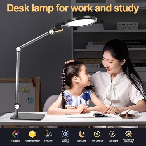 LED Desk Lamp for Home Office with Full Spectrums Eye Care, 5 Color Color 5 Brightness, 4-Axis Flexible Rotation, Dual Output Charging, Memory & Timer Func, Desk Lamps with Small Night Light