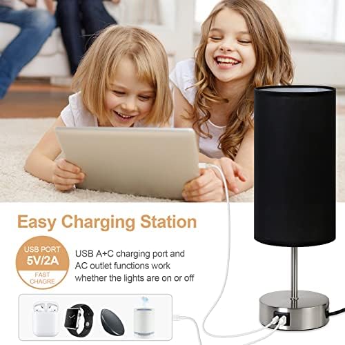Yarra-Decor 【Upgraded Bedside Lamp with USB A+C Charging Ports & AC Outlet Touch Control Table Lamp for Bedroom 3 Way Dimmable Nightstand Lamp with Black Shade for Home,Office, Dorm(Bulb Included)