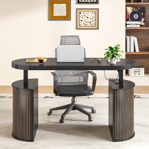 Mid Century Modern Electric Standing Desk with Storage, 55 x 22 Inch Small Sit Stand Up Desk, Wood Adjustable Height Computer Executive Desk for Home Office, Laptop, Black