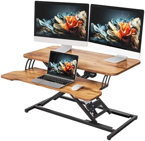 YIHAYO 32" Electric Standing Desk Converter, Adjustable Desk Riser, Brown