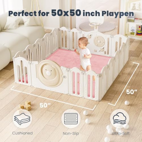 ACOMOPACK 1.3" Thick Baby Play Mat for Floor,50x50 Elasti-Foam Playpen Mat for Kids,Infants,Toddlers, Ultra Soft Crawling Mat with Non-Slip Bottom,Tummy Time,Nursery Rug,Yoga,Tatami（Pink）