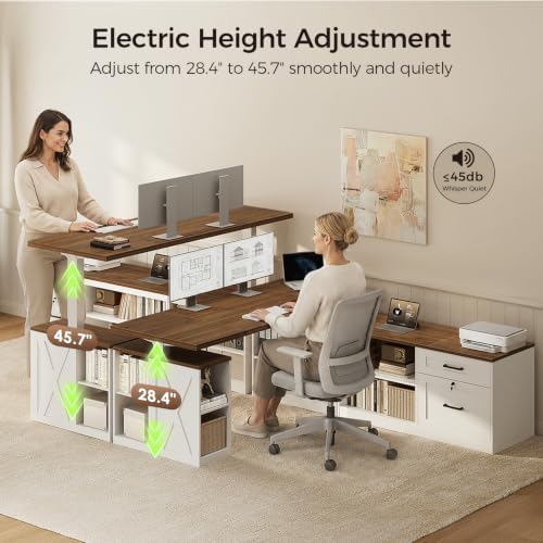 OffiGo 63 Inch Farmhouse L Shaped Electric Standing Desk, Walnut & White