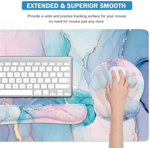 4-in-1 Gaming Mouse Pad Wrist Support Set，Desk Pad + Mouse Pad with Wrist Rest + Keyboard Wrist Rest + Coaster, Ergonomic Design for Home Office Study Game - Blue Marble