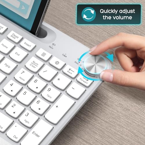 GAMCATZ Wireless Keyboard and Mouse - Full-Sized Ergonomic Keyboard with Wrist Rest, Phone Holder, Volume Knob,2.4GHz Silent Cordless Keyboard Mouse Combo for Computer, Laptop, PC, Mac, Windows -White