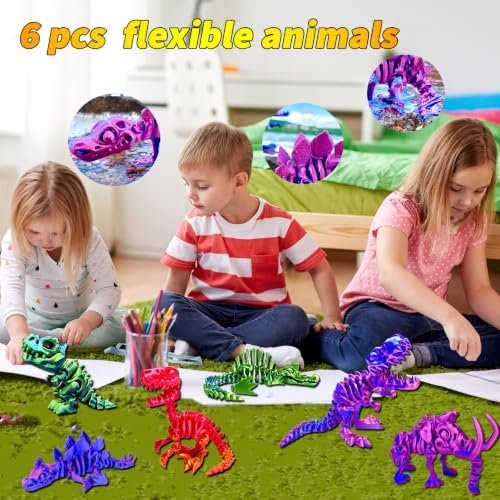 6pcs 3D Printed Dinosaur Skeletons, Flexible，Articulated T-Rex Fidget Toys,Large，3D Printed Animals,Desk Executive Toy，Easter Eggs Basket Stuffers,Toys for Boys Kids Teen Girl 5-7 4-6 8-12