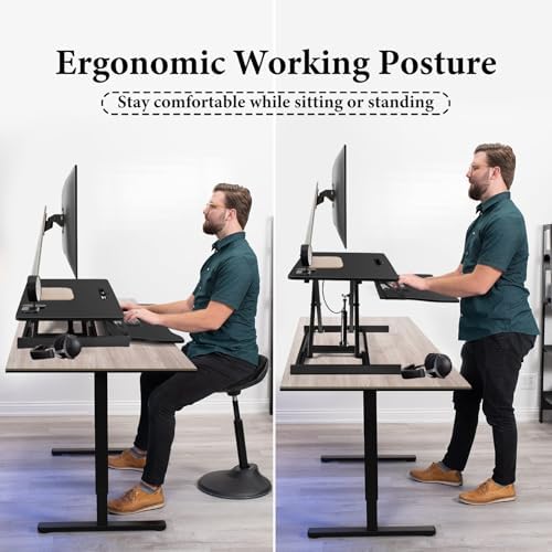 Standing Desk Converter 37 Inch – Height Adjustable Desk Riser with GasSpring Lift, Duals Screen Converter and Laptop Workstation, Sit Stand Ergonomic Riser with Keyboard Tray for Offices (BlackA)
