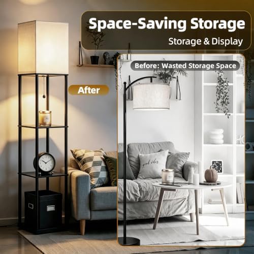 Floor Lamp with Shelves for Living Room, 3-Tier Corner Shelf Lamp