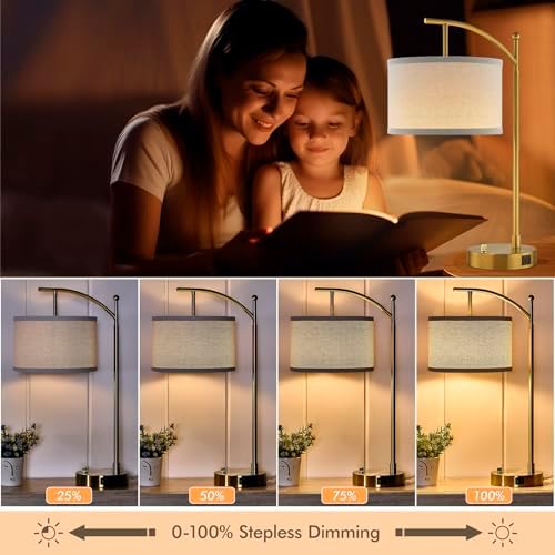 Table Lamp Set of 2, 23.5" Bedside Lamps with USB C+A Ports, Gold