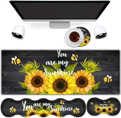 4 in 1 Mouse Pad Combo, Large Gaming Mouse Pad + Keyboard Wrist Support + Mouse Wrist Rest + Coaster, Table Pad with Stitched Edge Ergonomic Wrist Pad Set, Sunflower, You are My Sunshine