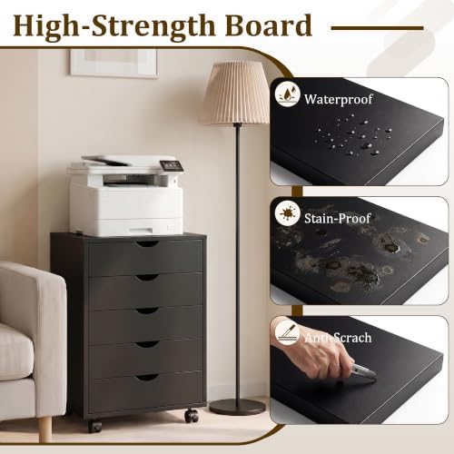 5 Drawer Chest, Under Desk Storage Mobile File Cabinet with Wheels, 5 Office Drawer for Home & Office Printer Stand, Black