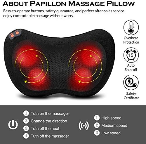 Papillon Back Massager with Heat,Shiatsu Pillow for Body Pain Relief Black