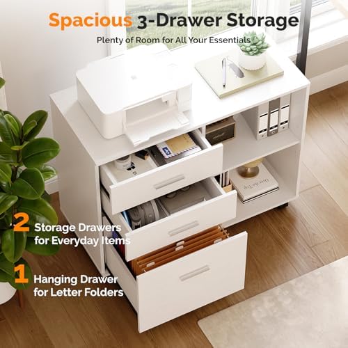 VINGLI 3 Drawer Wood Lateral File Cabinet with Adjustable Shelves & Locking Wheels, Printer Stand with Drawers for Letter Size Files, Sturdy White File Cabinets for Home Office, Study & Business