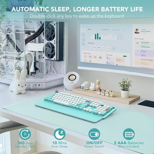Wireless Keyboard, Round Keycaps, Retro Typewriter Keyboard with Detachable Wrist Rest, Sleep Mode, Foldable Legs, 2.4GHz Full-Size Cordless Computer Keyboard for Windows/PC/Laptop (Tiffany Blue)