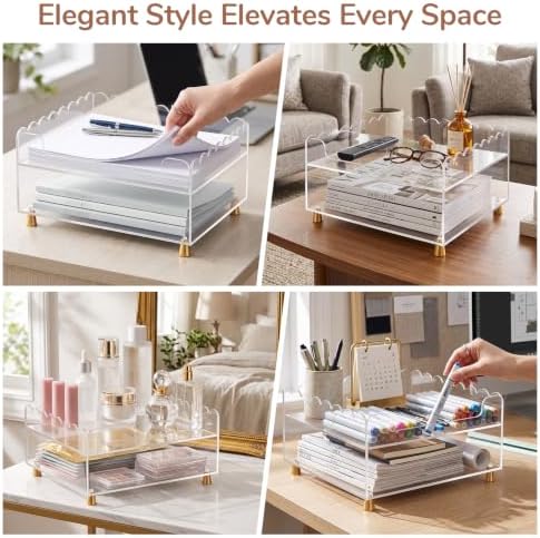 2‑Tier Acrylic Desk Organizer Tray, Scalloped Letter Tray Organizer