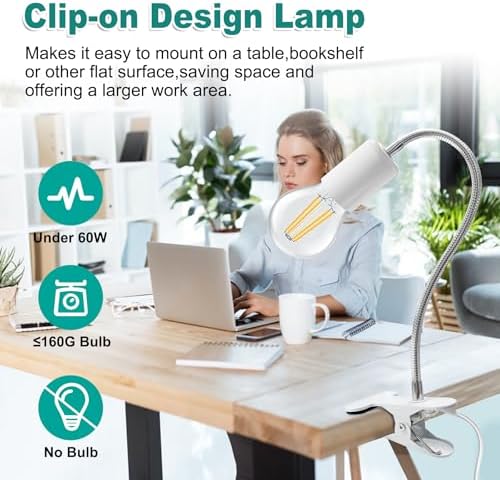 Desk Clip Lamp Holder, Clip on Light with Metal Clip Base,360° Flexible E26/E27 Book Clamp Light Fixture with 7.2 FT Cable, 9MM&350MM Thickened Lengthened Gooseneck Clamp Light Socket, for Study Work