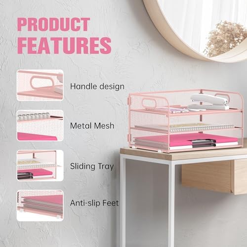 DALTACK 3 Tier Paper Organizer for Desk, Sliding Paper Trays, Pink