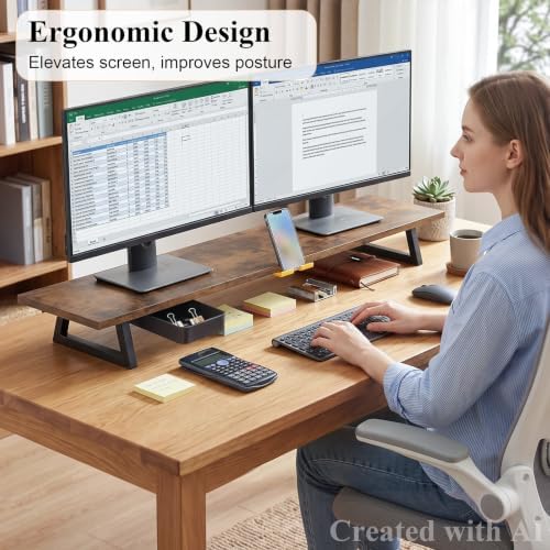 TEAMIX 39.4 inch Dual Monitor Stand Riser with Drawer & Phone Holder, Brown