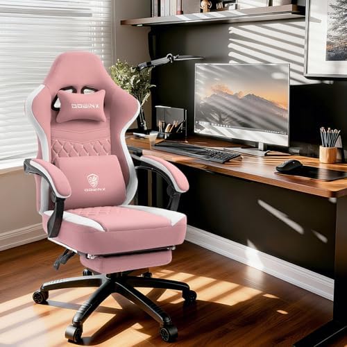 Dowinx Gaming Chair Breathable Fabric Game Chair with Gel Pad and Storage Bag, Comfortable Gamer Chair with Pocket Spring Cushion,Ergonomic Computer Chair with Footrest,Pink