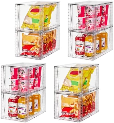 Vtopmart 8 Pack Large Stackable Storage Drawers,Clear Acrylic Drawer Organizers with Handles, Easily Assemble for Fridge, Bathroom,Kitchen Undersink,Cabinet,Pantry Organization and Storage